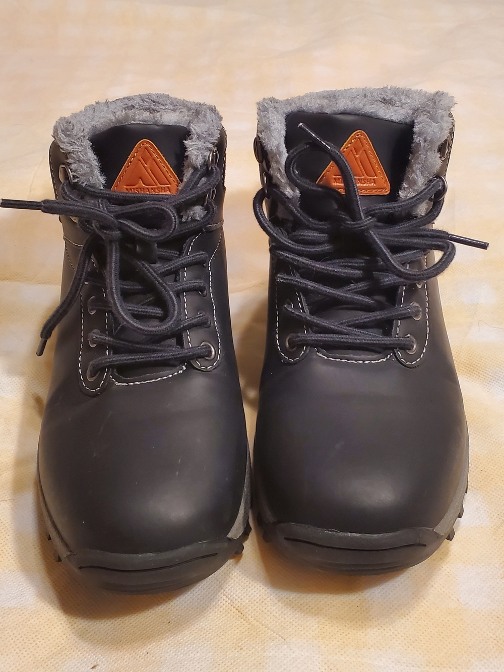 Mishansha Black Lace-Up Faux Fur Winter Boots with Tan Logo
